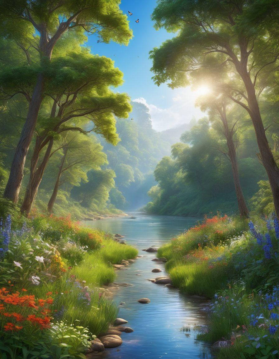 A serene landscape featuring a lush green forest intertwined with vibrant wildflowers, a clear blue sky, and a flowing river reflecting sunlight. Add joyful people of diverse backgrounds practicing yoga and planting trees, surrounded by butterflies and birds. Emphasize harmony with nature and a sense of community. super-realistic. vibrant colors. natural light.
