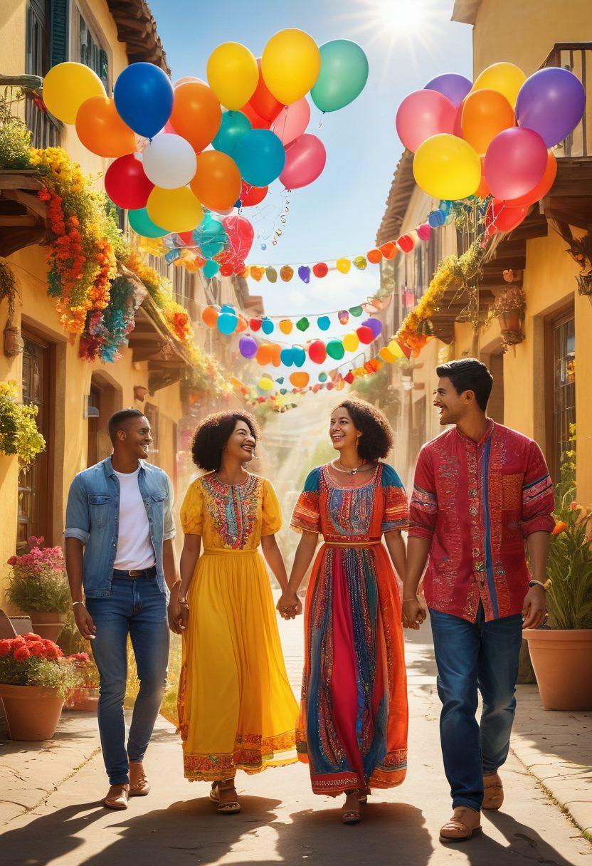 A vibrant community scene displaying diverse individuals engaging in joyful activities, such as sharing ideas, helping each other, and celebrating together with colorful decorations around them. Bright smiles, an array of cultural outfits, and symbols of happiness like balloons and flowers. Sunlight shining down, creating a warm and inviting atmosphere. super-realistic. vibrant colors. sunny background.