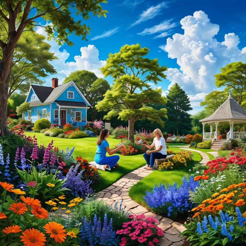 A serene landscape depicting a diverse group of people joyfully engaging in various activities like gardening, dancing, and meditating under a bright, blue sky filled with fluffy clouds. Incorporate vibrant flowers and lush greenery, emphasizing harmony and connection with nature. Include small animals playing in the scene to symbolize a thriving ecosystem. The overall atmosphere should radiate happiness and positivity. super-realistic. vibrant colors. nature-inspired.